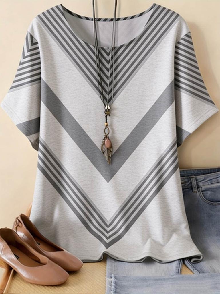 New Women's T-Shirt Summer O-Neck Tees Oversized Casual Short Sleeved Stripes Printed Women Pullover T-Shirts Female Clothing