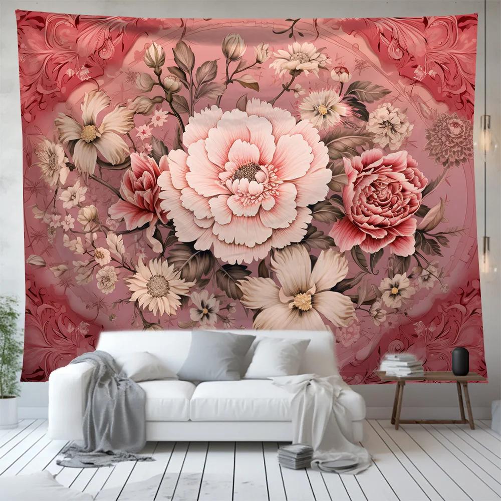 Chic Pink Floral Tapestry Flower Plant Series Wall Hanging Background Cloth Nordic Home Living Room Bedroom Decor Tapestries