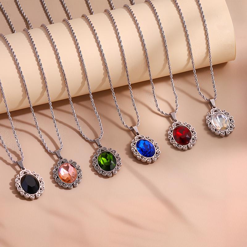European & American Fashion Exquisite Titanium Steel Necklace with Colorful Zircon & Geometric Pendant for Women