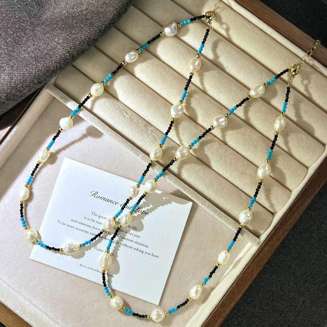 Vintage Strong Light High Quality Natural Freshwater Baroque Necklace Artificial Turquoise Collarbone Chain Necklace