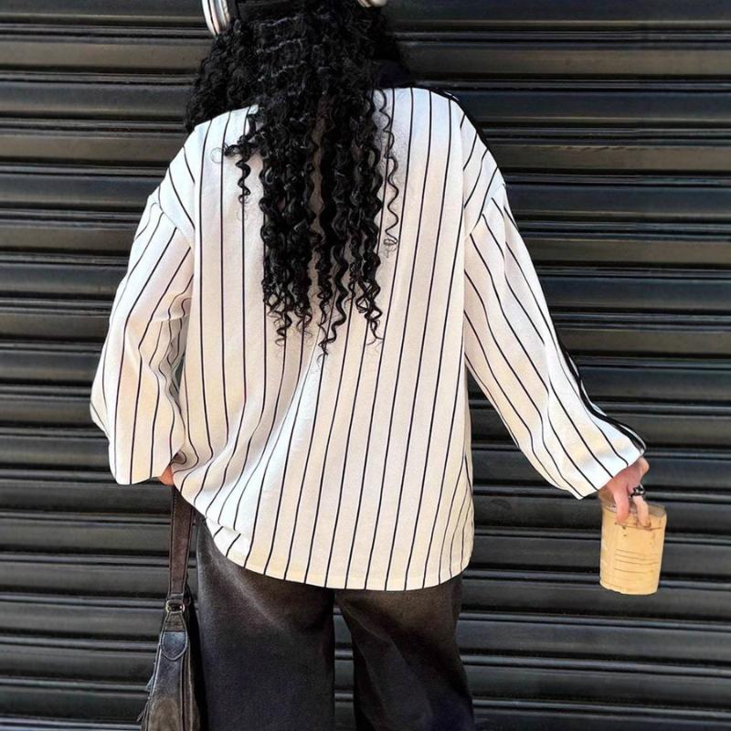 Sweter damski retro w paski z klapami jesienno-zimowy luźny casualowy z nadrukiem liter dzianinowy