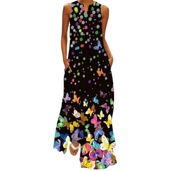Maxi Dress Printed Elegant Women Sleeveless V Neck Skirt for Banquet