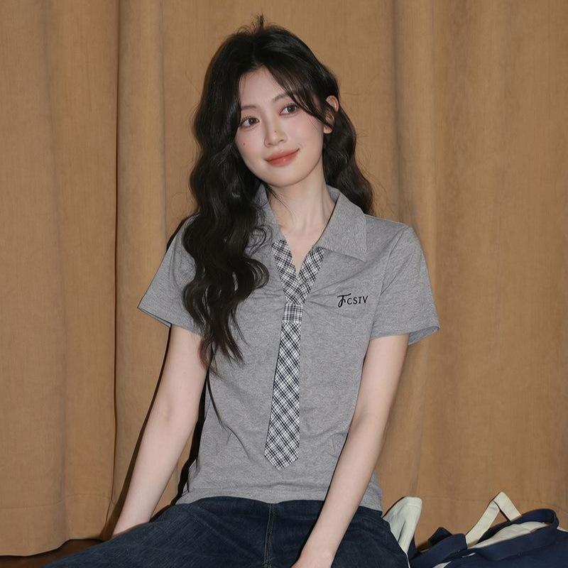 Summer cotton short-sleeved t-shirt women s Korean design sense tie POLO neck embroidered women s new top S
