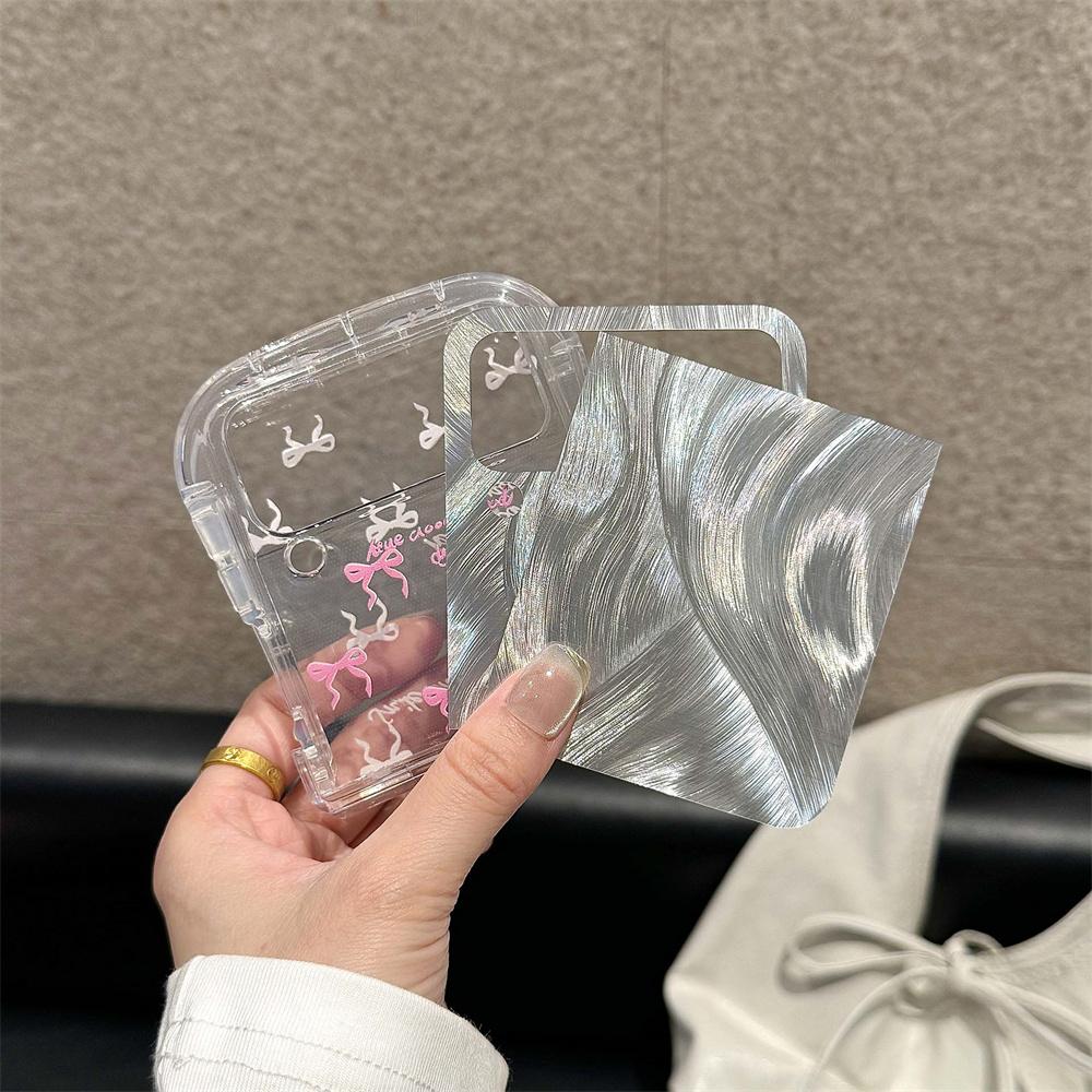 Korean Cute Bowknot Phone Case For Samsung Z Flip 6 5 4 3 Cover with Chain Clear Hinge Cases for Galaxy Z Flip5 Flip6 Flip4 Capa