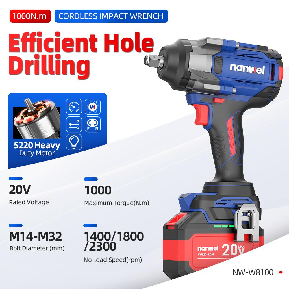 1000N NANWEI Electric Impact Wrench, size 1/2, adjustable torque 500N/800N/1000N, max. speed 2300 rpm