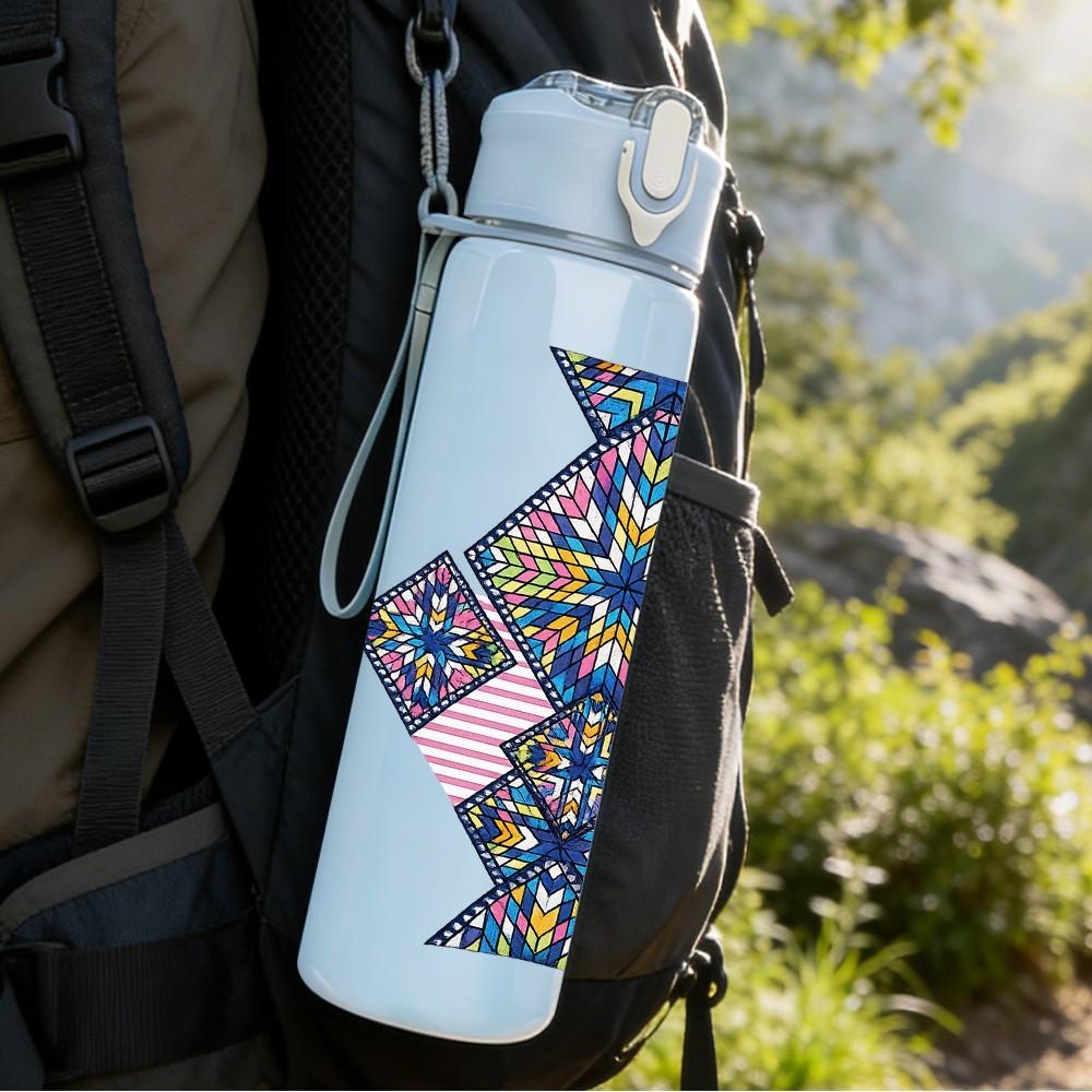 1PC Ethnic Geometric Tribal Pattern Print 750ml Color Plastic Sports Water Bottle Leakproof Flip Straw Lid Suitable for Sports Office Home Use
