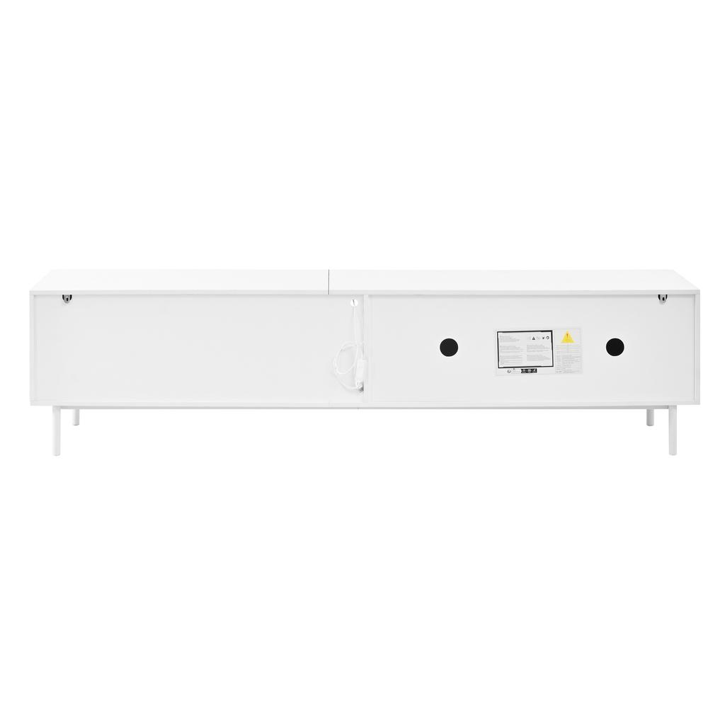 White TV Cabinet with Three Sliding Doors, MDF, Glass Shelf, App-controllable LED Lighting, Thin Steel Legs, Minimalist Living Room Storage Cabinet