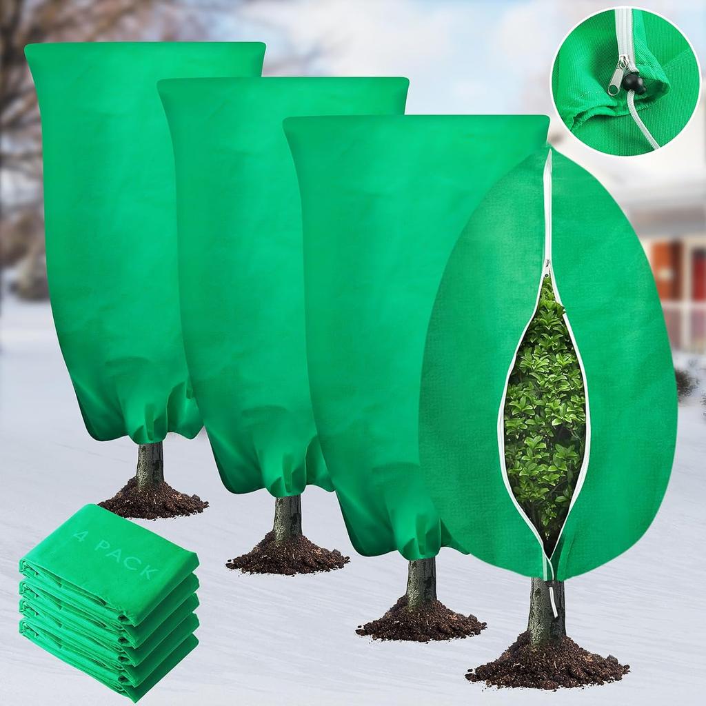 4 Pack Plant Covers Freeze Protection, 31.5" x 47.3" Large Frost Cloths Blankets with Zipper Drawstring, Shrub Jackets Tree Covers for Winter Outdoor