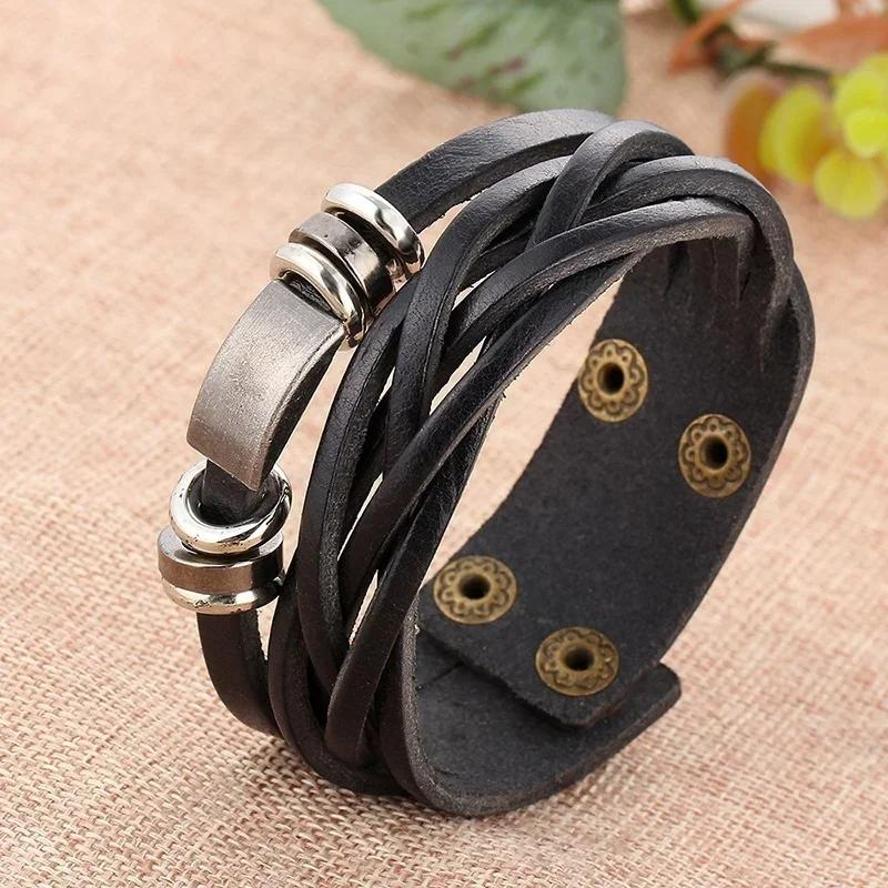 New Style Hand-woven Bracelets Multi-layer Combination Accessory Stainless Steel Men's Leather Fashion Man Jewelry Wholesale New