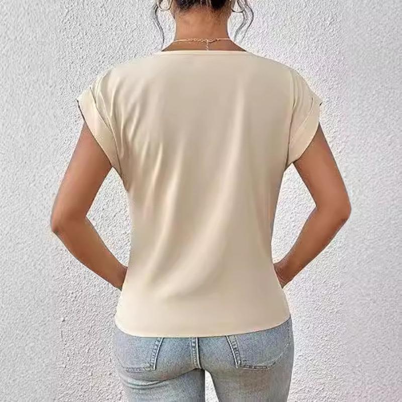 Elegant Short Sleeved Top for Spring and Summer Solid Color V-neck Women's T-shirts
