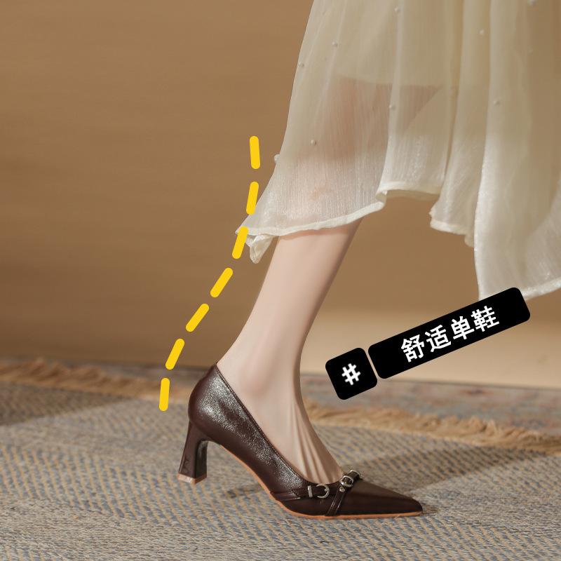 Stylish Women's High Heels, Thin Heels, Versatile Metal Pointed High-end Single Shoes, Commuting New Spring and Autumn Buckles