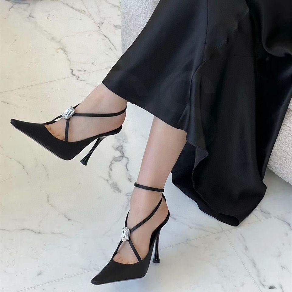 Silk bag head sandals women's thin heels pointed rhinestones sexy straps Roman shoes 2025 summer new temperament high heels