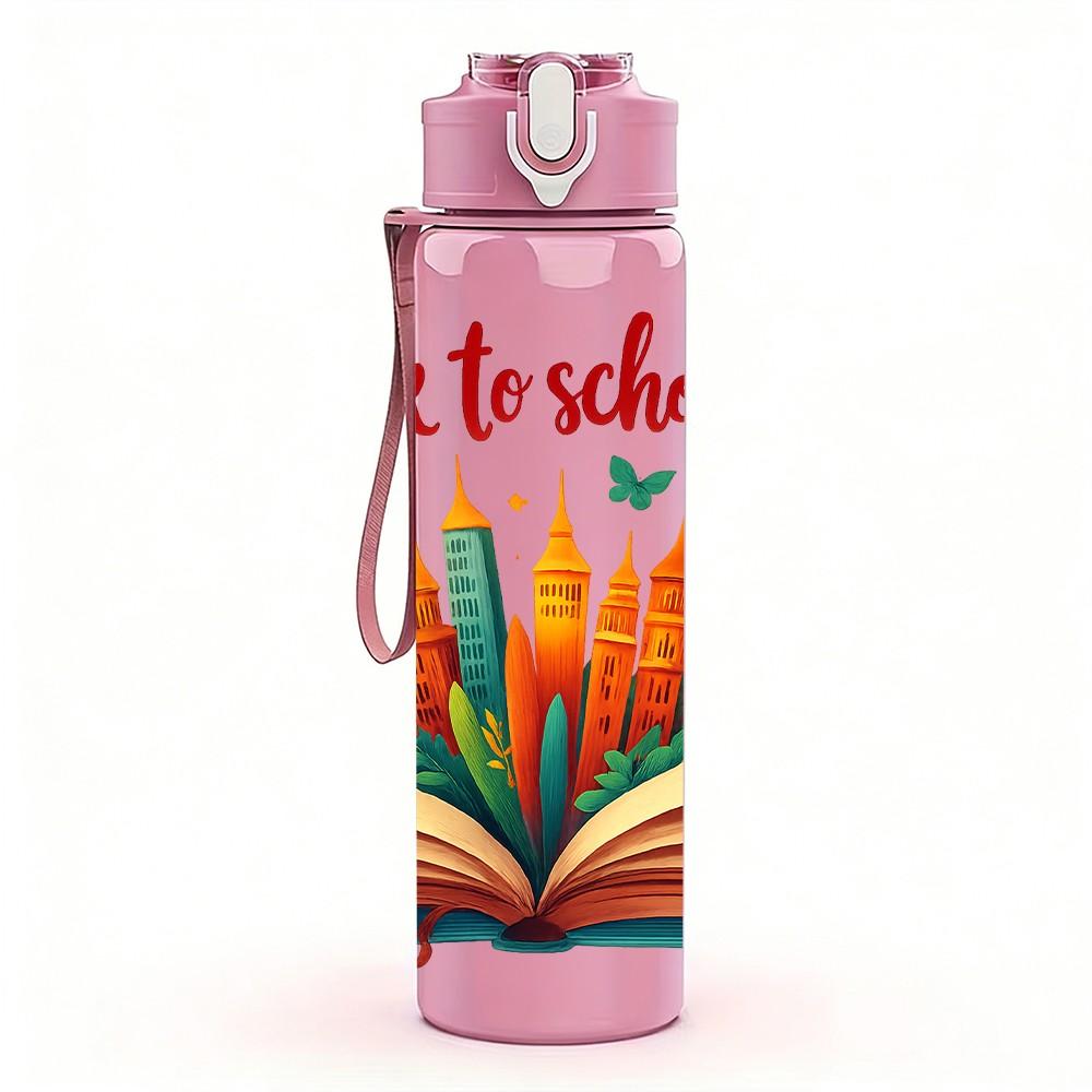1PC Back To School Book Art Print 750ml Color Plastic Sports Water Bottle Leakproof Flip Straw Lid Suitable for Sports Office Home Use