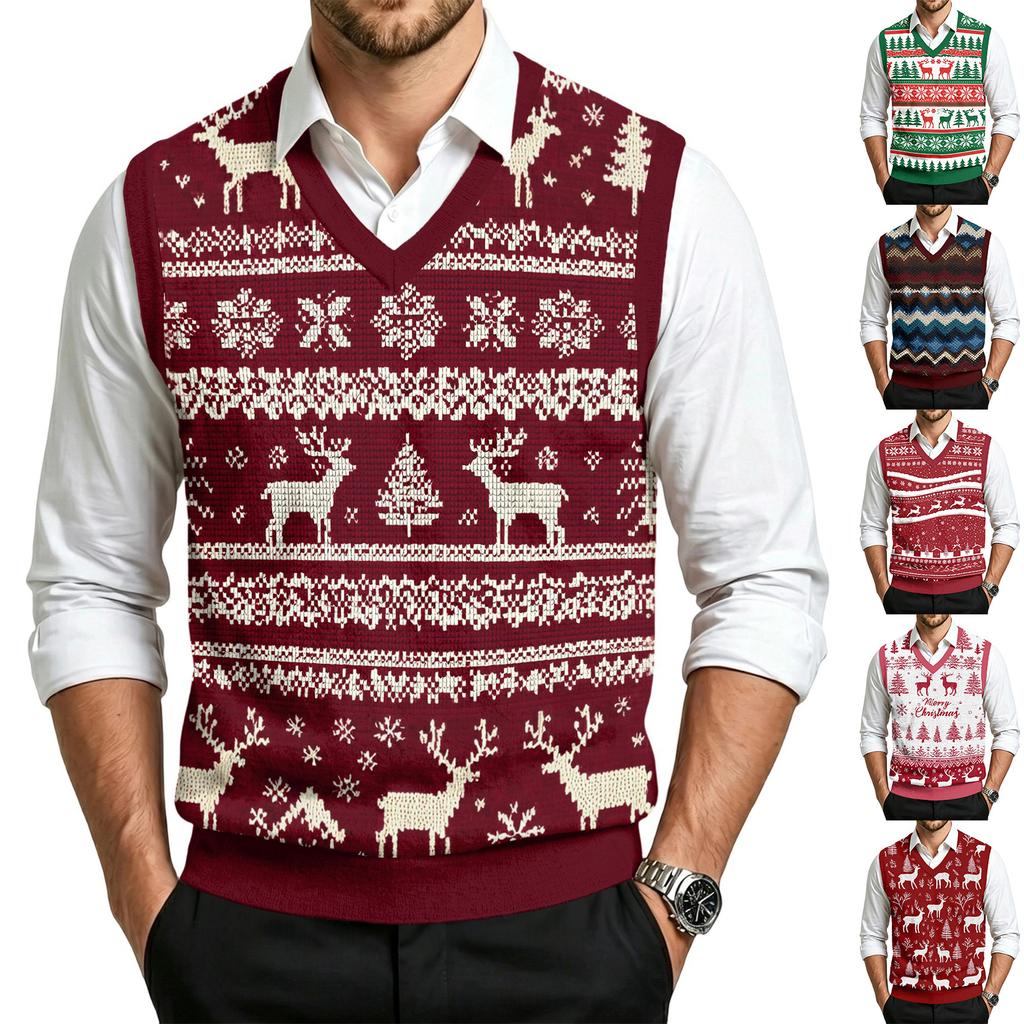 Men's Casual V-Neck Wool Knit Sweater Vest with Christmas Print