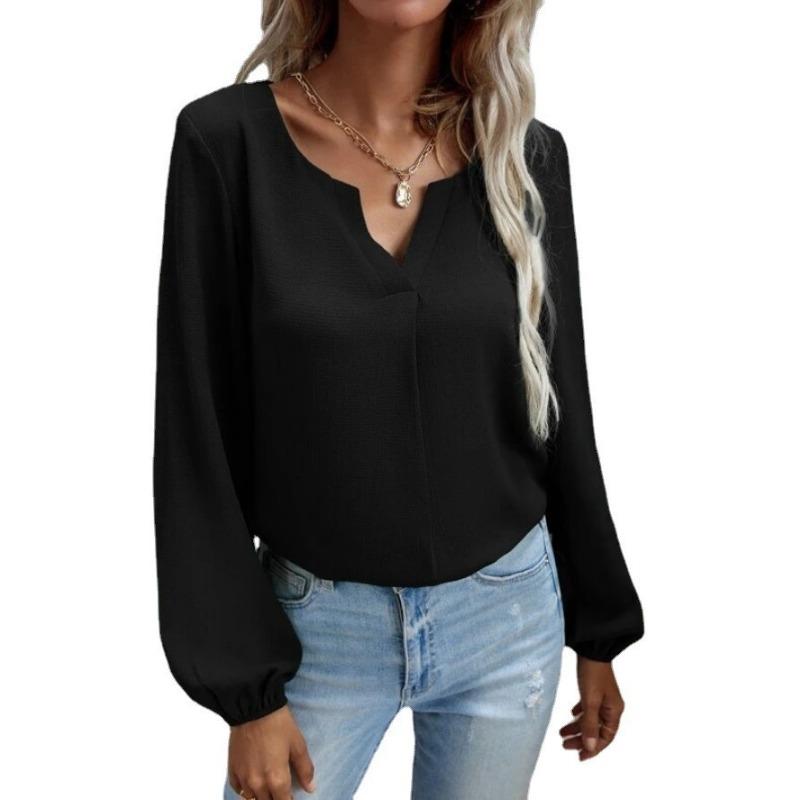 Loose Fitting Pullover Chiffon Style Commuting Solid Color Long Sleeved Base Shirt