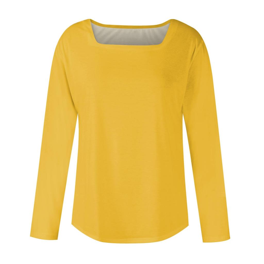 Women's Fashionable Waist Square Neck Long Sleeve Color T-Shirt Top