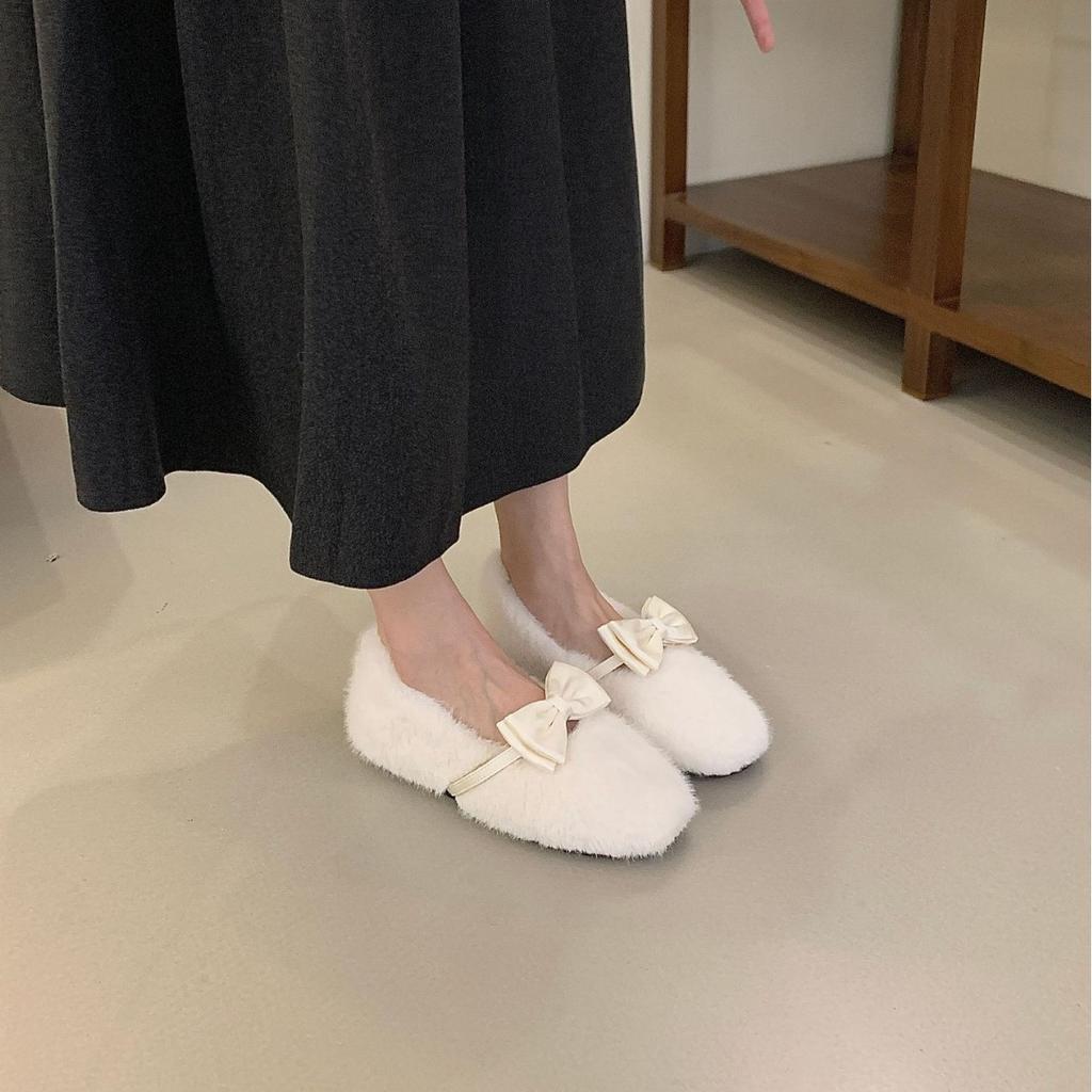 2025 Autumn and Winter New Round Head Fluffy Bow with Inner Slope Heel Velvet Versatile Mary Jane Women's Single Shoes