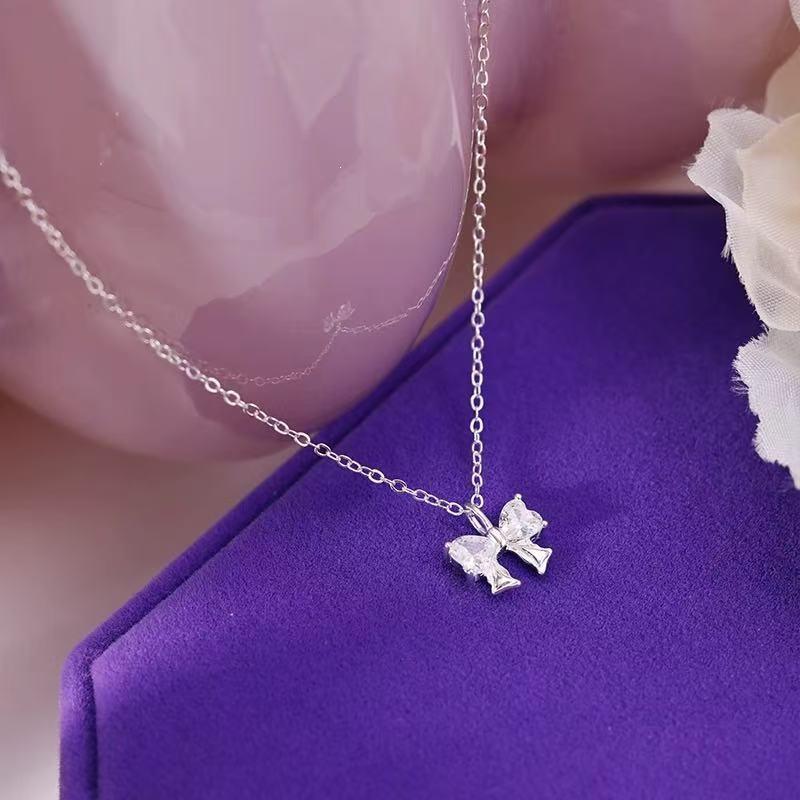 2025 High-End Sweet Style 925 Sterling Silver Zirconia Bow Necklace for Women – Fashionable Summer Clavicle Chain