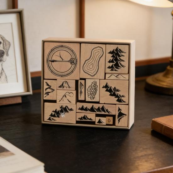 16 Pcs Wooden Stamp Set Outdoor Mountains Compass Decorative Wood Stamps for Journal Diary Scrapbook Planner Letter DIY Craft Card Making