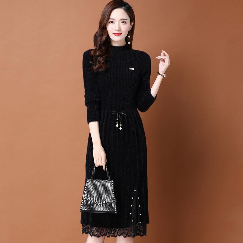 

Вязаное платье из норкового флиса для женщин на осень и зиму, трикотажное платье-свитер длиной до колена, однотонное, повседневное, с полувысоким воротником S чёрный