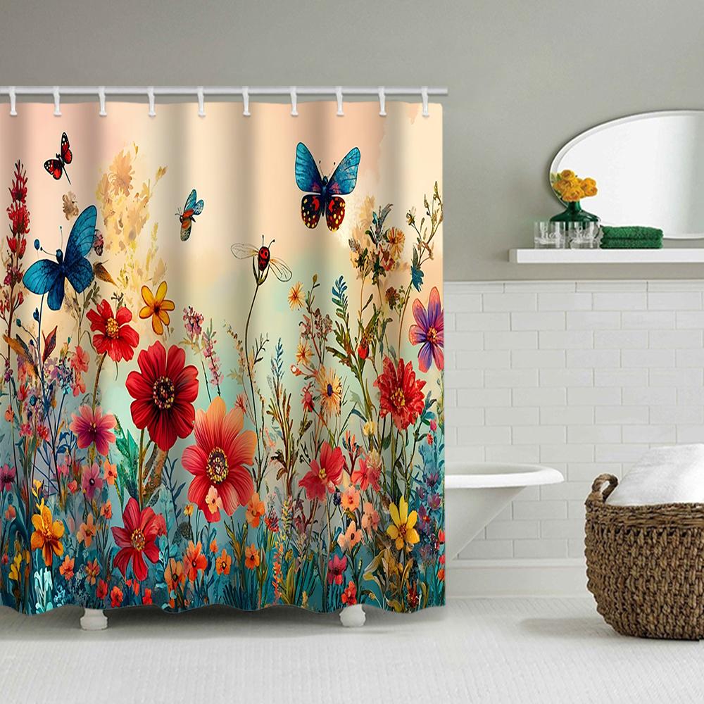 1/4 Flowers and Plants Print Shower Curtains, Toilet Seat Decoration, Shower Curtain with Carpet and Toilet Lid, 70.8x70.8 Inch