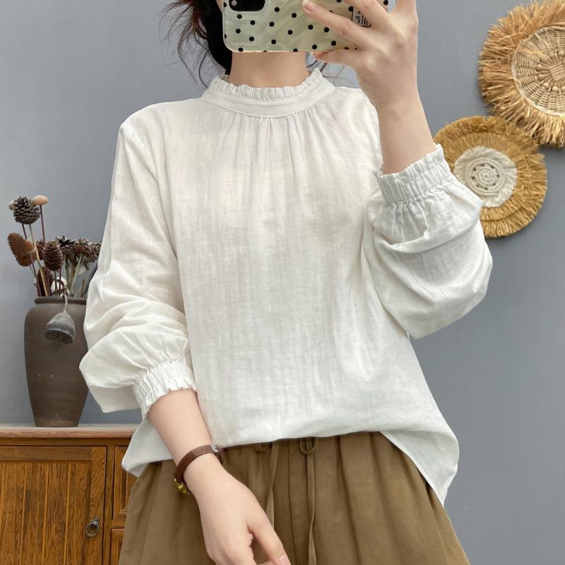 Spring 2026 Artistic Lace Cotton Gauze Long-Sleeve Slimming Women s Casual Pullover Shirt Medium белый