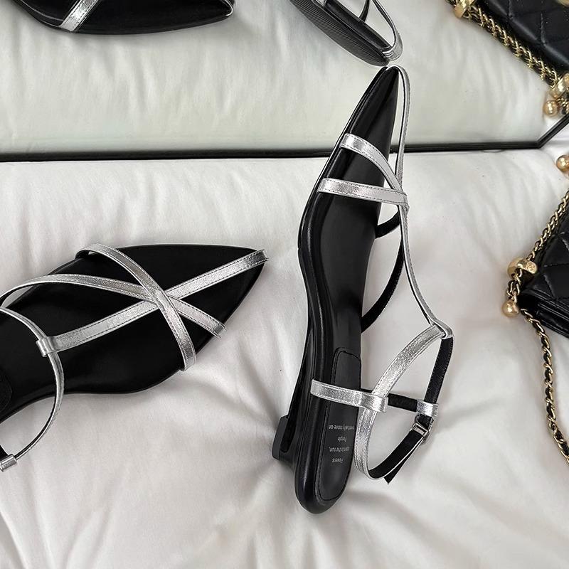 Soft leather version~ Vintage cross strap Roman sandals women's 2025 summer wear French small wedge heel pointed sandals