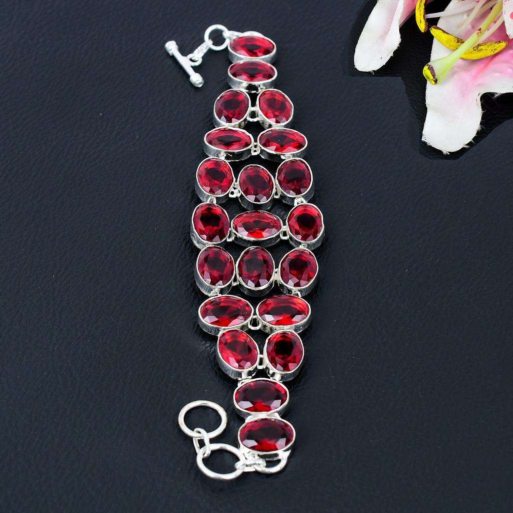 Mozambique Garnet Gemstone Handmade 925 Sterling Silver Bracelet 7-8" KG-380