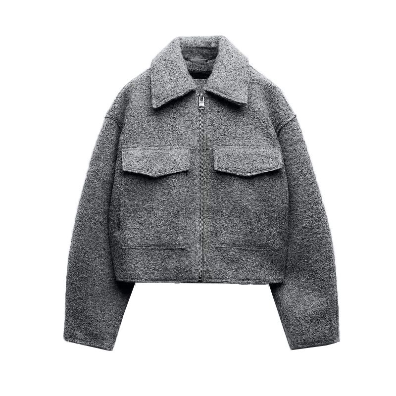 Fall and Winter New Arrival Women's Long-Sleeve Zipper Lapel Large Loose Pockets Woolen Short Jacket 3046273