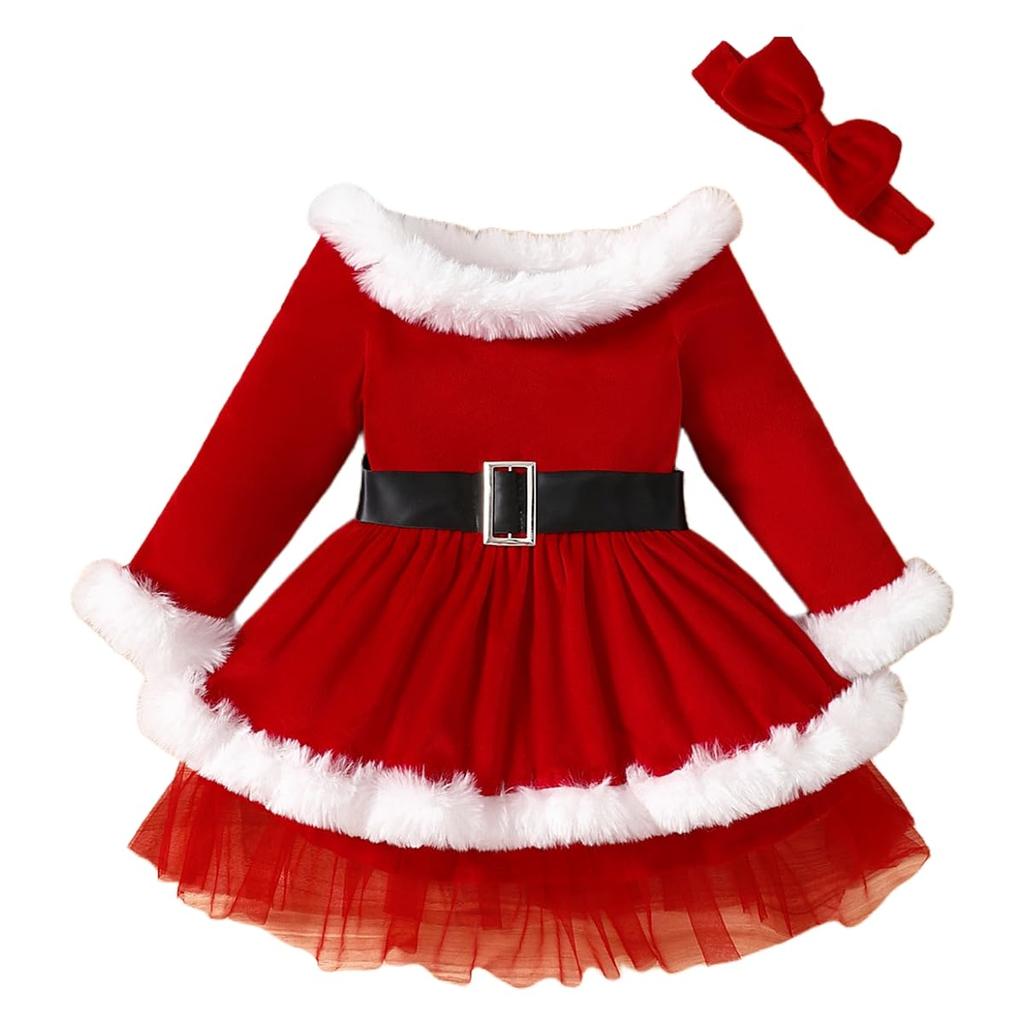 VNGOLERRY Santa Dress with Christmas Santa Claus Perfect for and Sizes and 110 Children's Headband, 2-Piece Set, Outfit, Fur-Covered, Girls' Dress,