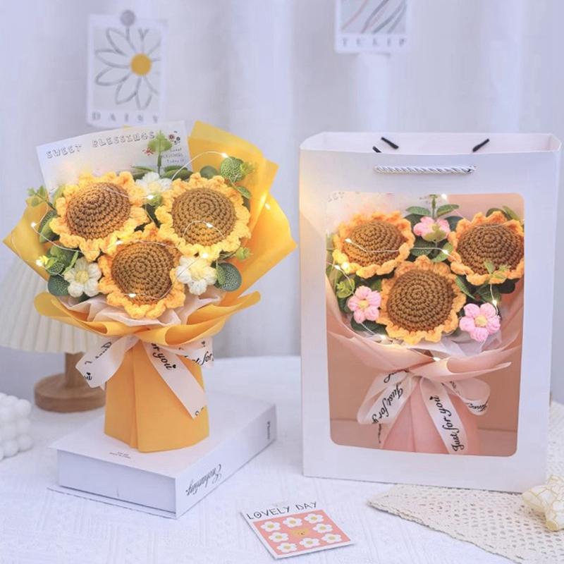 Crochet Flowers Bouquet Knitted Flower Artificial Hand Woven Flower Wedding Gift for Guests Teacher's Day Gift Graduation Flower