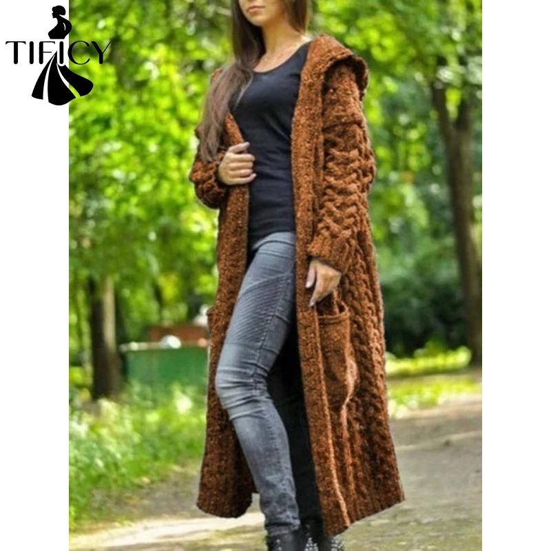 TIFICY Women's Fashion Casual Fall Winter Solid Color Print Long Sleeve Hooded Sweaters