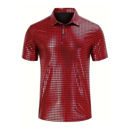 

Glittery Party Shirt Short Sleeve Shirt Sparkly Turndown Collar Disco Shirt for Nightclub Stage Performance 2XL червоний