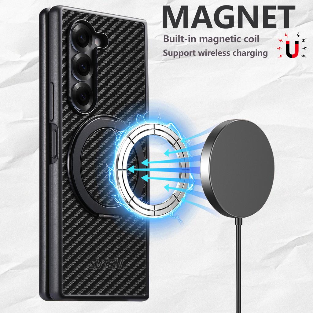 Mobile Phone Case Magnet Wireless Charging 360° Rotating Stand Faux Leather Ring Buckle for Samsung Galaxy Z Fold 7 6 5