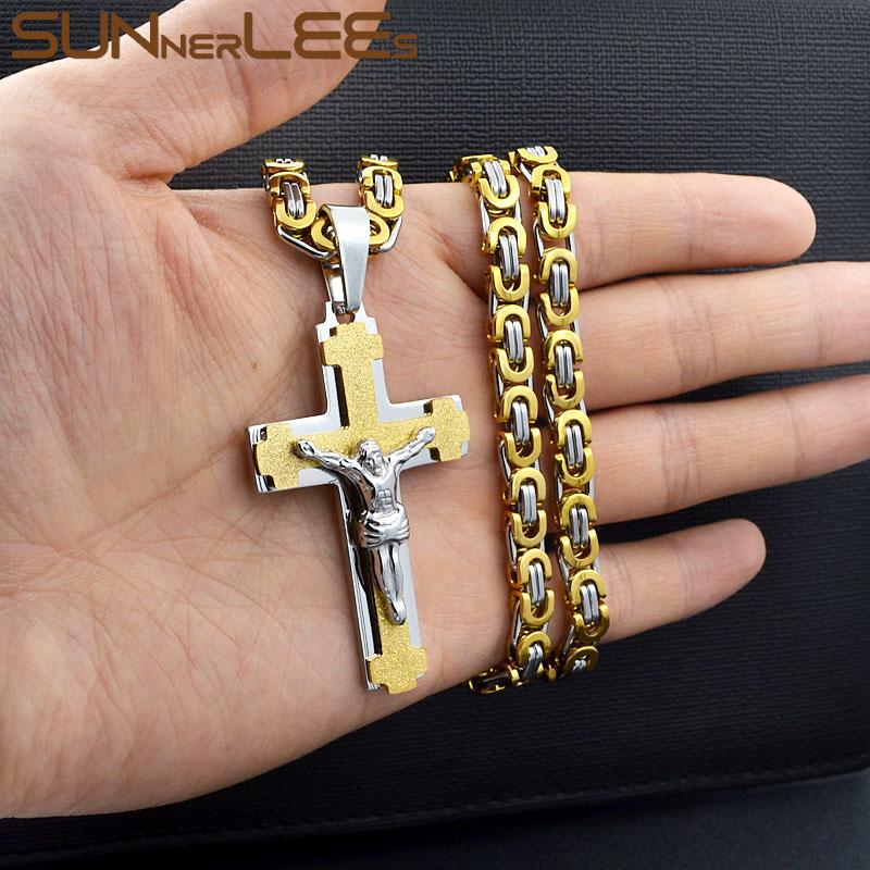 Collier pendentif croix Jésus Christ en acier inoxydable chaîne à maillons byzantin couleur argent plaqué or cadeau homme garçon Sp217