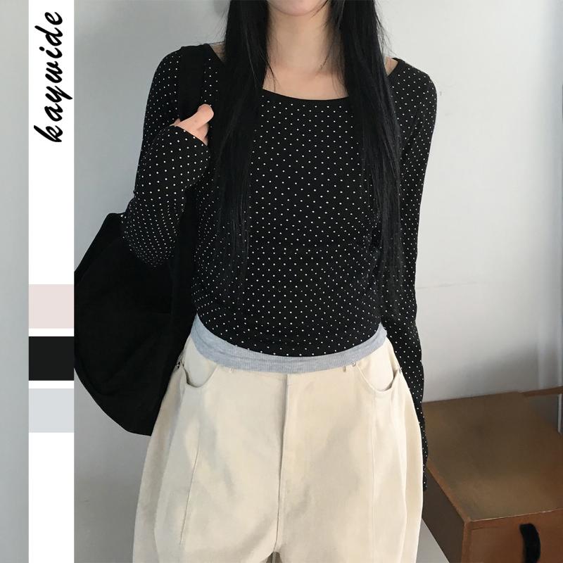 Damen gepunktete Langarmbluse quadratischer Ausschnitt schmale Passform lässiges Oberteil für den täglichen Look