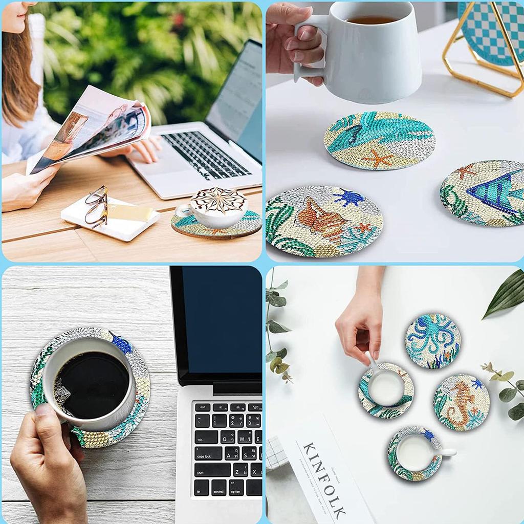 KAKISO 8 Pieces DIY 5D Diamond Painting Coasters with Craft Diamond Art Stand, Handmade Diamond Painting Coasters for Christmas Decoration, Snowman