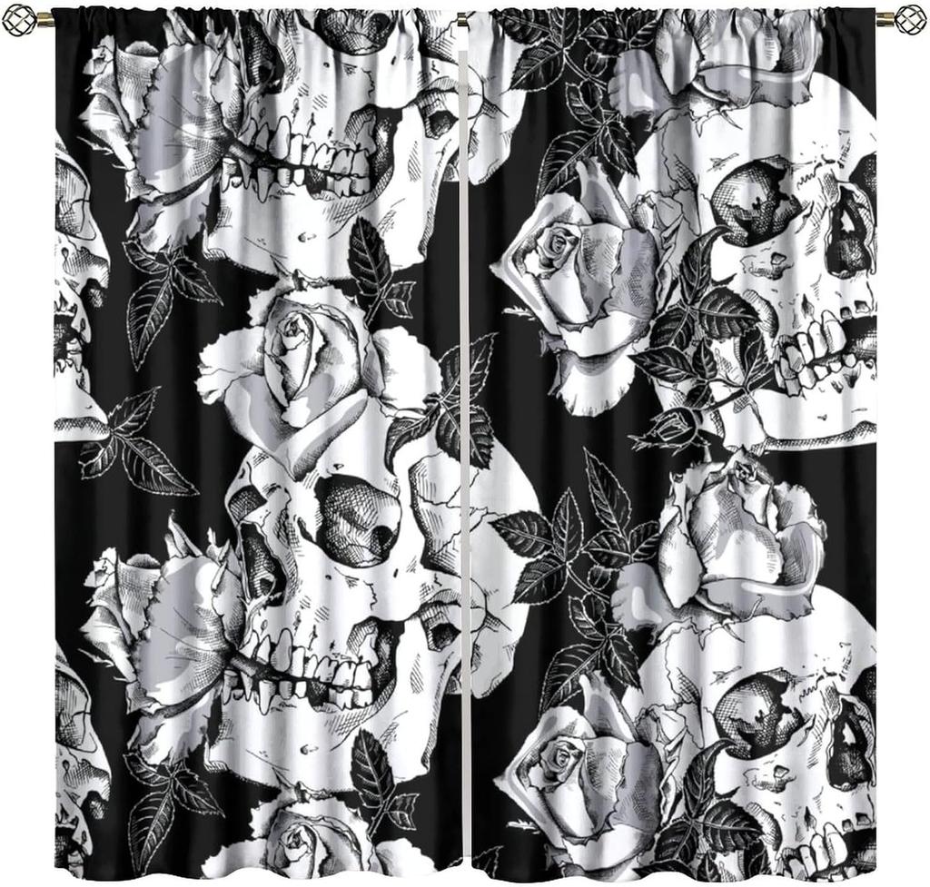 Gotische Rose Skelett Vorhänge Romantisch Schwarz Rot Abstrakt Knochen Floral Küssend Menschliches Schädel Heimdekoration Vorhänge Vorhang Vintage Polyester Mit Stangentasche