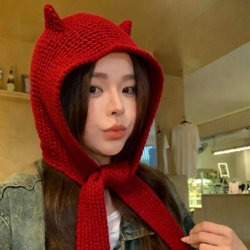 Lovely Devil Ear Knit Hat With Neck Wrap Breathable Pullover Hat For Women Daily Outfit and Outdoor Cycling Walking