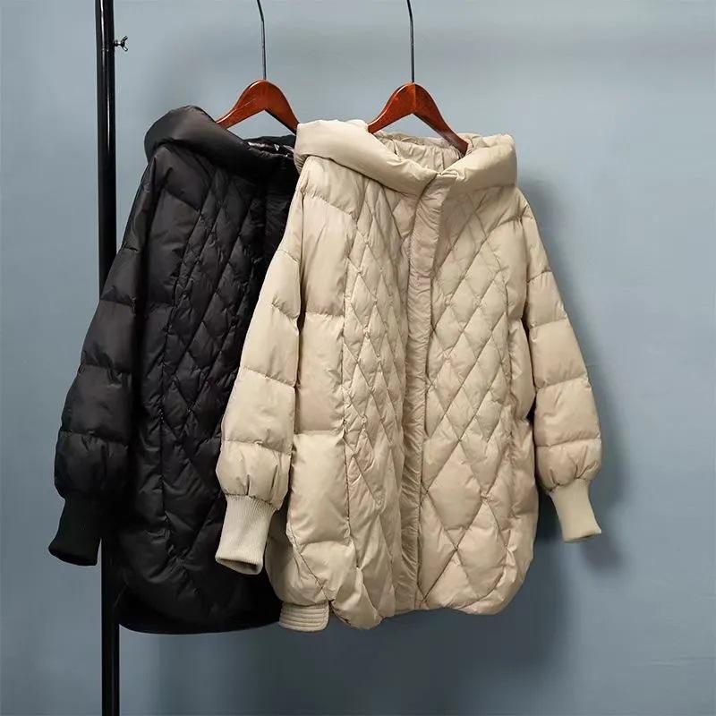 Women Light White Duck Down Jacket Casual Loose Over Size Autumn Winter Outwear with Hood Coat