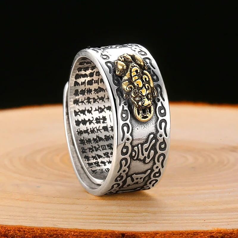 [Woffoly] Feng Shui Pixiu Mantra Ring Silver Buddhist Lucky Finger Ring MANI Amulet Mantra Jewelry Double Protection Well Slab Health Band Vintage