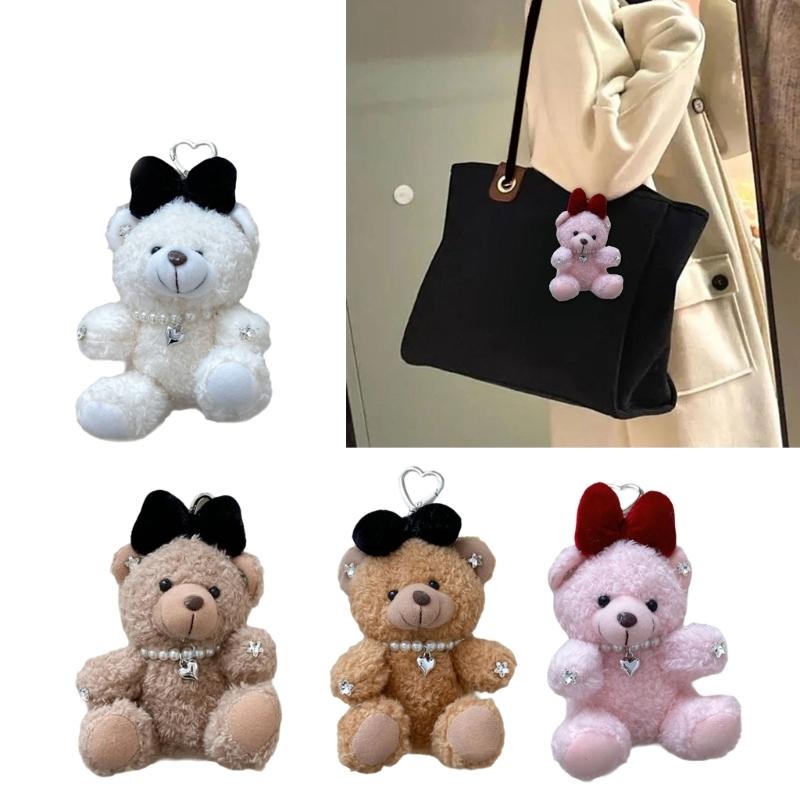 Soft Plush Bear Hanging Ornament Fashionable Soft Bear Keychain with Bowknot Plush Key Accessory for Stylish Bags