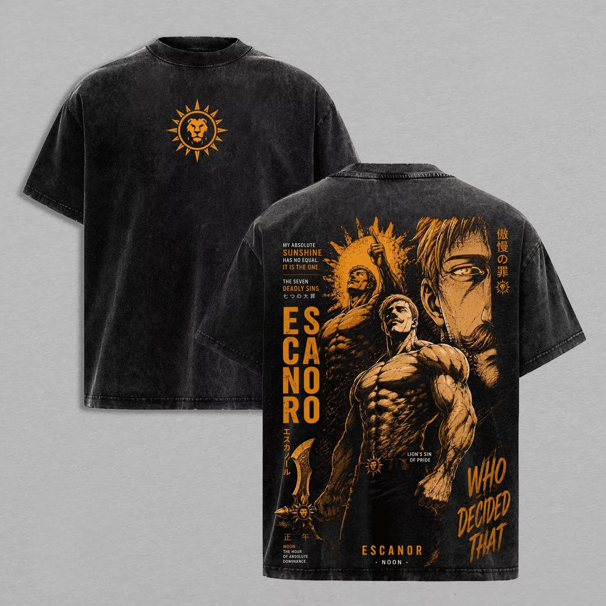 Escanor Die Sieben Todsünden T-Shirt Manga Vintage Gewaschenes T-Shirt Herren Damen Übergroß Y2k Streetwear Harajuku Bequeme Damen Herren Kleidung S black