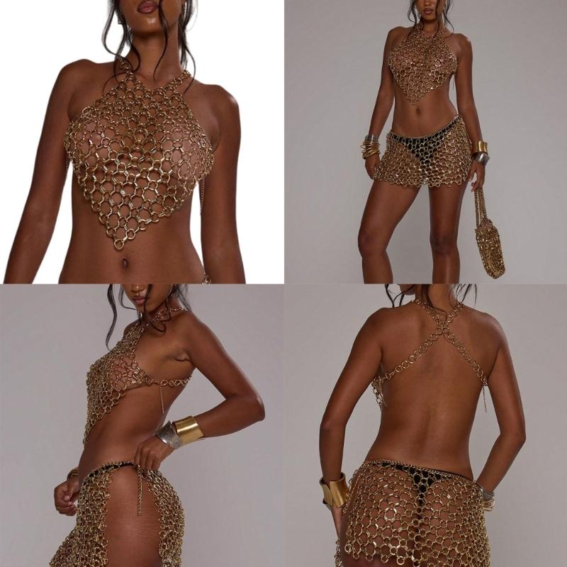 Punk Body Chain Bra Halter Chest Chain Raves Party Costumes Body Jewelry Accessories for Women Girls Clubwear