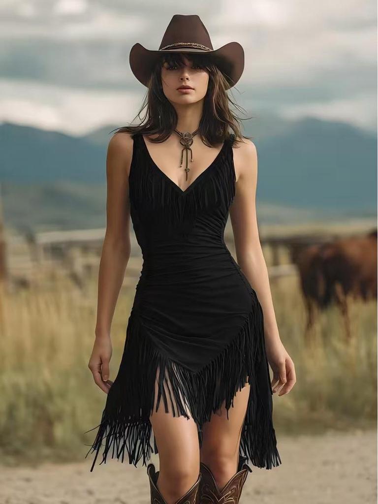 Women's Sexy Deep V Tassel Slimming Dress