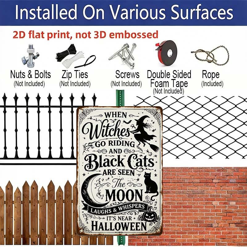 2D Flat When Witches Go Riding Vintage Halloween Witch Black Cat Metal Sign‑8.0x12.0inch Aluminum Wall Art, Farmhouse Porch Halloween Rustic Decor