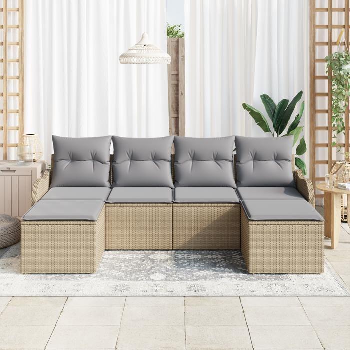 Ensemble de canapé de jardin en 6 pièces avec coussins beige en rotin synthétique, Canapé de jardin 2 places avec coussins 3345810