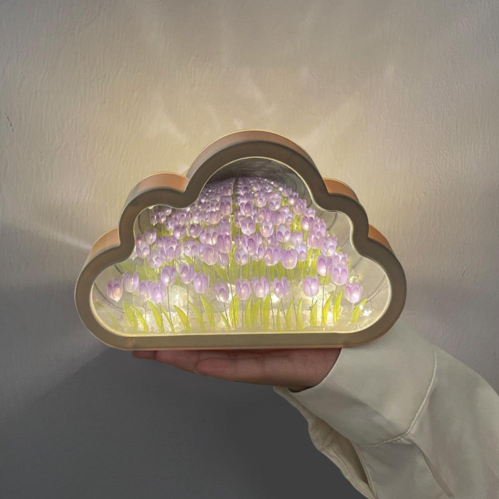 New Acrylic 20 Flowers Tulip Night Light Handmade DIY Creative Tulips Flower Table Lamp Cloud Shape Mirror Light Birthday Gifts