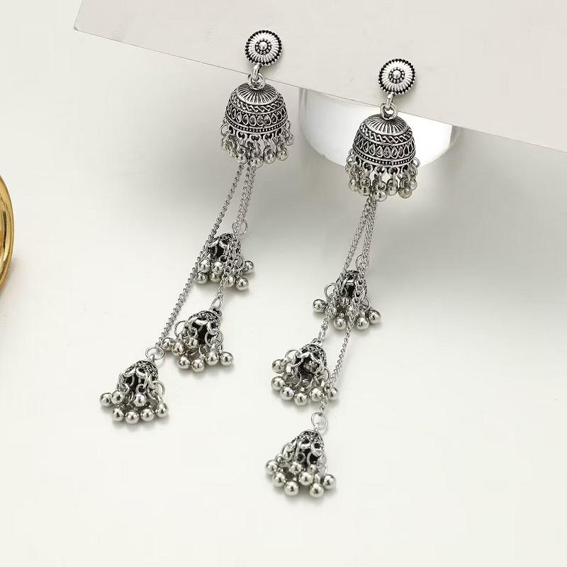 Retro Bollywood Oxidized Women Jhumka Indian Earrings Femmes Ethnic Gold Silver Color Afghan Bell Long Tassel Drop