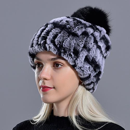 Winter Fur Hats for Ladys Women's Rex Rabbit Fur Caps Beanies Solid Elastic Winter Fashion Accessories Fox Fur Pompom Hat